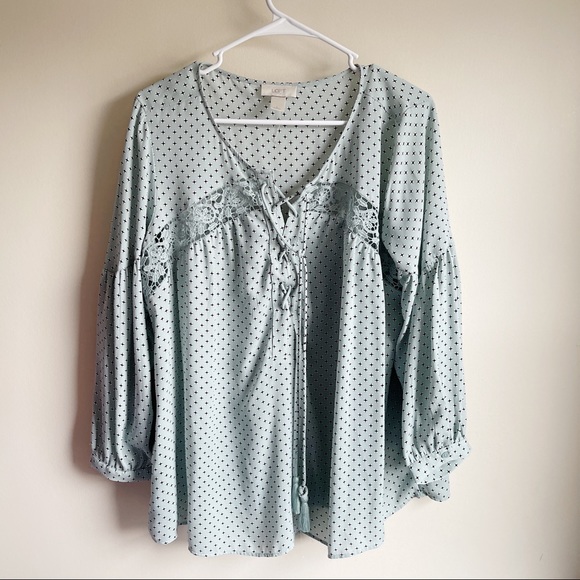 LOFT Tops - Loft Blue Patterned Lace Front 3/4 Sleeve Career Blouse